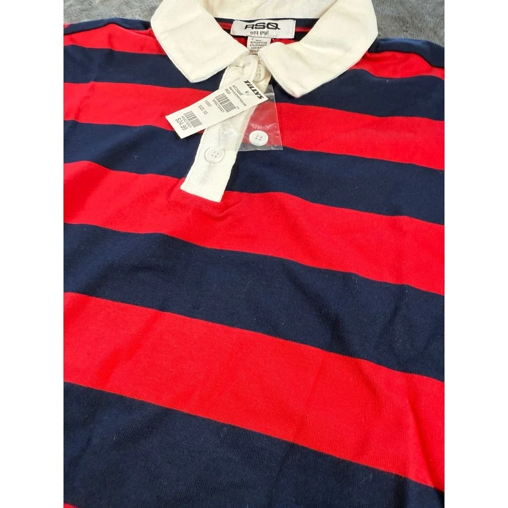RSQ Extra Small XS Red Navy Stripe Cropped Rugby Polo Shirt